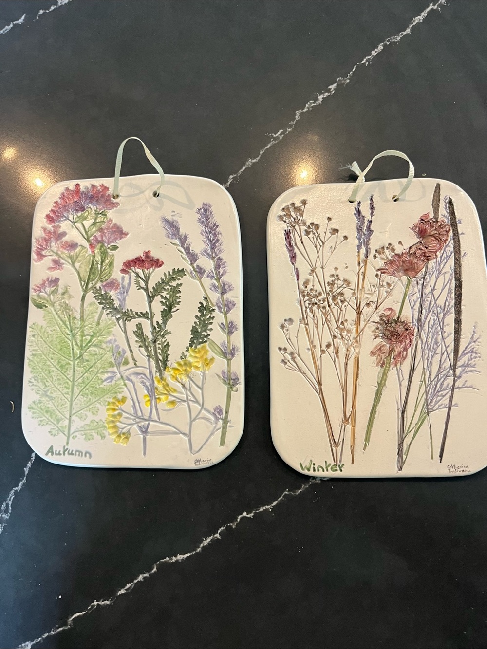 Mill Brook Kiln Vermont Signed  Ceramic Wall Plaques Set - Autumn & Winter